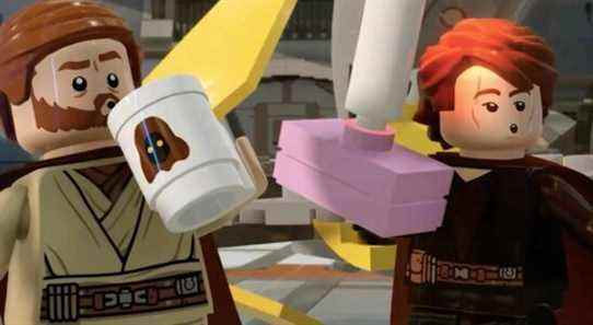 Anakin Skywalker and Obi-Wan Kenobi in a LEGO Star Wars: The Skywalker Saga cutscene from Episode 3: Revenge of the Sith