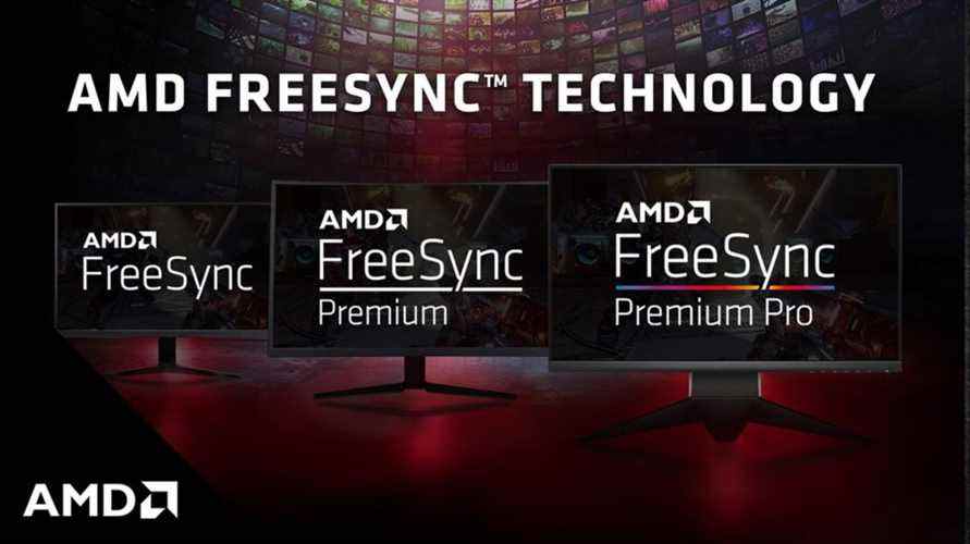 AMD FreeSync : trois moniteurs affichant du texte pour FreeSync Premium et FreeSync Premium Pro