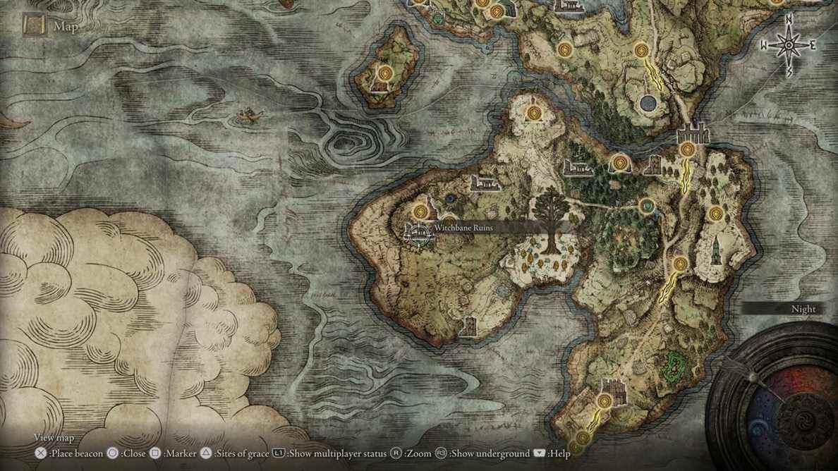 La carte d'Elden Ring, montrant l'emplacement des ruines Witchbane.