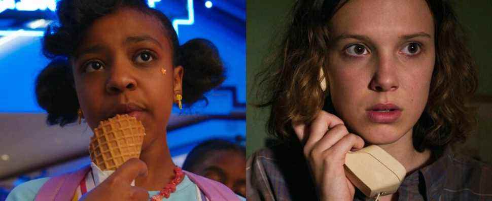 Split image of Erica Sinclair (Priah Ferguson) and Eleven (Millie Bobby Brown) on Stranger Things
