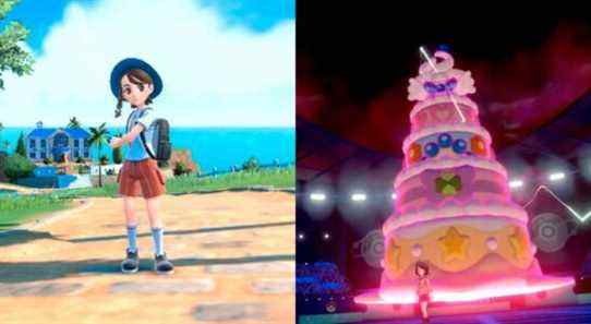 Pokemon Scarlet and Violet protagonist with a Gigantimax Alcremie in Pokemon Sword and Shield