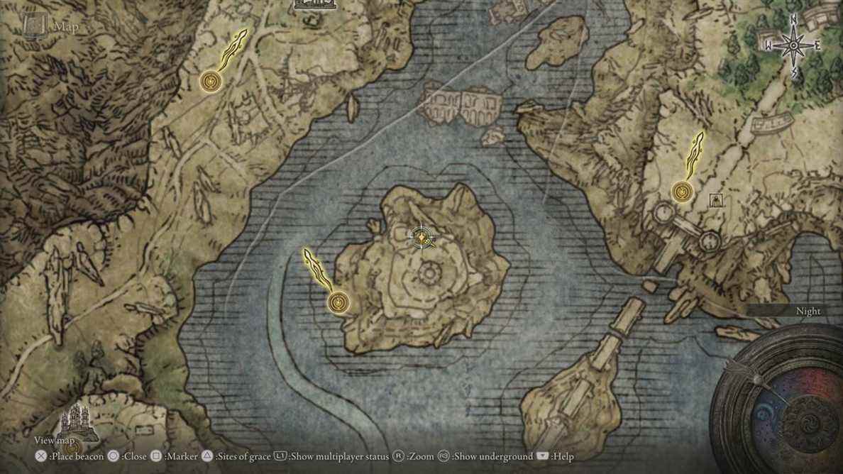 Carte d'Elden Ring, montrant l'emplacement de la tortue Rise de Tetsu 1.