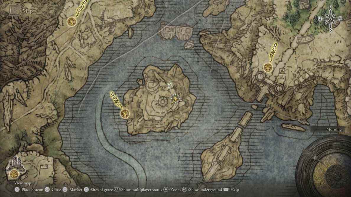 Carte d'Elden Ring, montrant l'emplacement de la tortue Rise 2 de Tetsu 