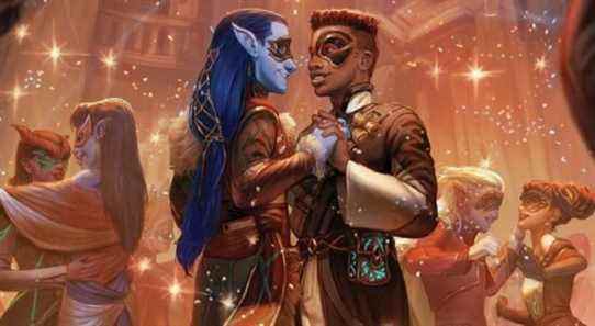 Dungeons & Dragons masquerade ball characters dancing together in masks