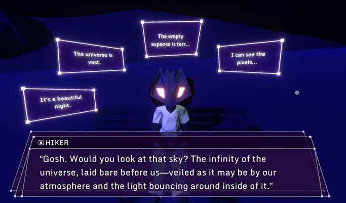 Un personnage de Glitchhikers The Spaces Between parlant au joueur de l'univers
