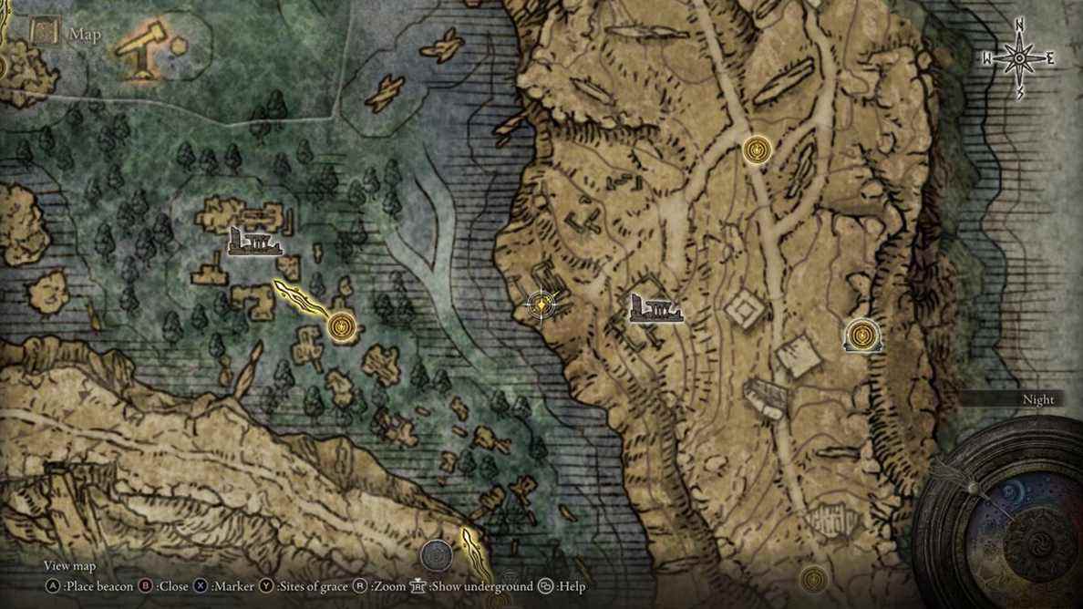 La carte d'Elden Ring, montrant l'emplacement des ruines purifiées pendant la quête de Hyetta.