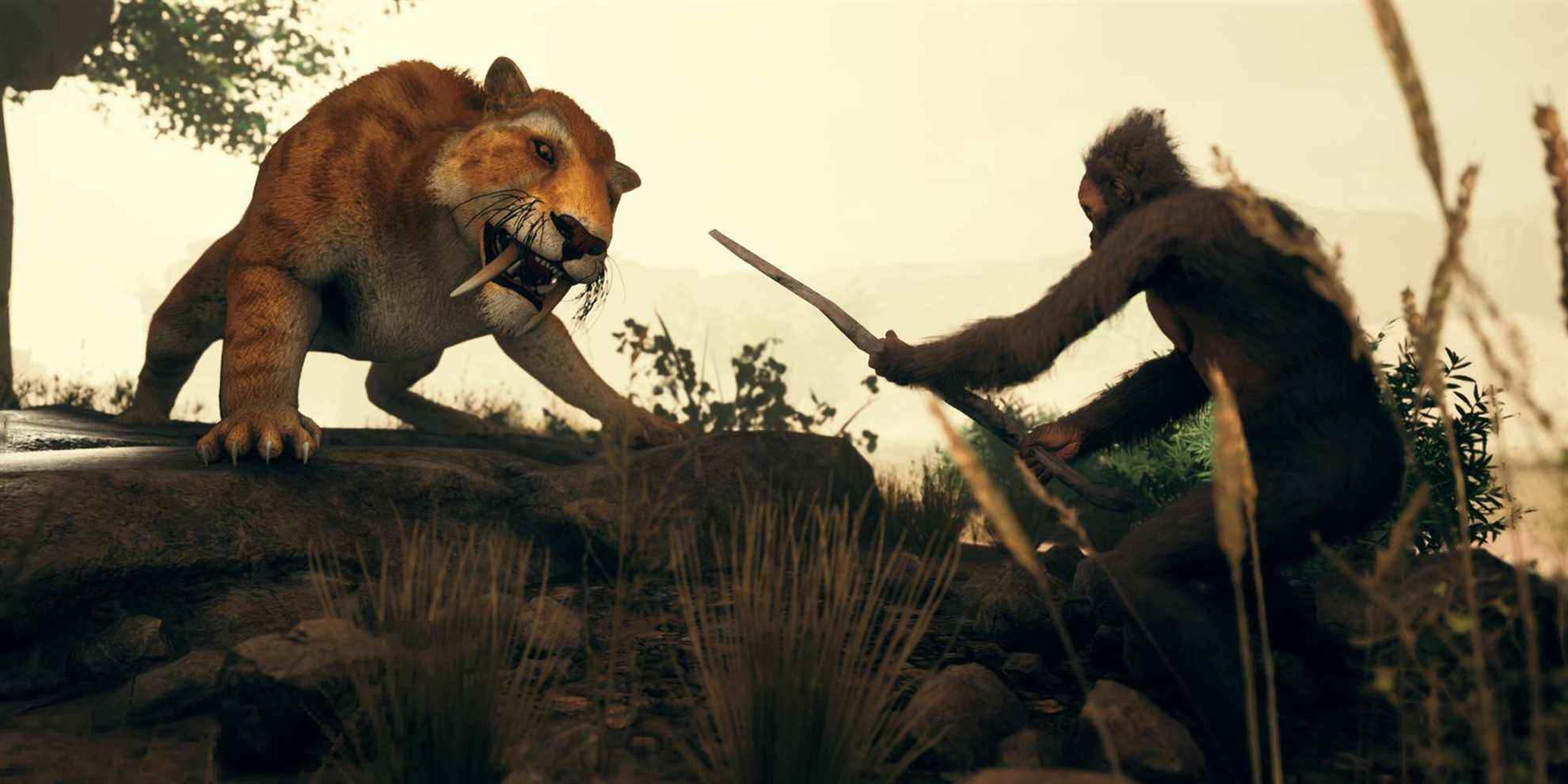 Un hominidé se défend contre un prédateur
