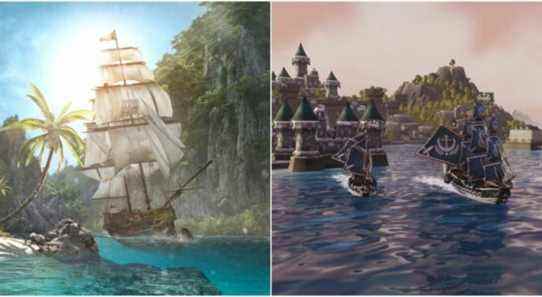 (Left) Ship sailing in Black Flag (Right) Title art with ships fighting in King of Seas