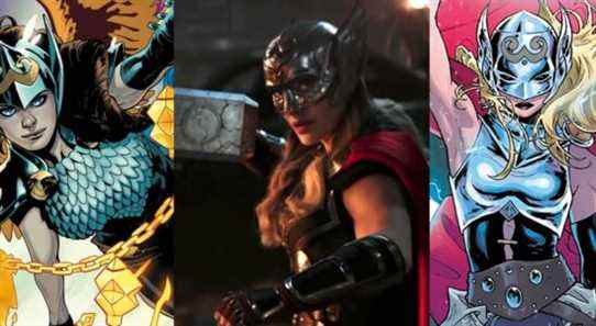 Jane Foster as Valkyrie in the comics; Natalie Portman as Mighty Thor in the teaser for Thor Love & Thunder; Jane Foster as the Mighty Thor in the comics