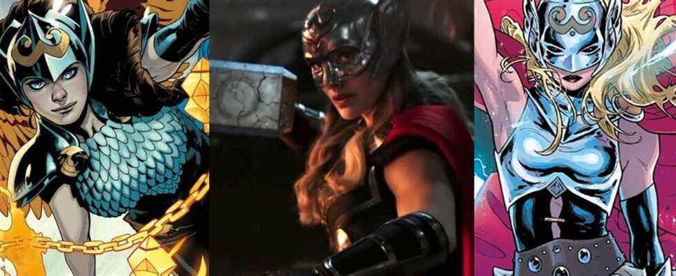Jane Foster as Valkyrie in the comics; Natalie Portman as Mighty Thor in the teaser for Thor Love & Thunder; Jane Foster as the Mighty Thor in the comics