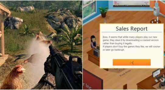 (Left) Gun shooting chickens (Right) Sales report message