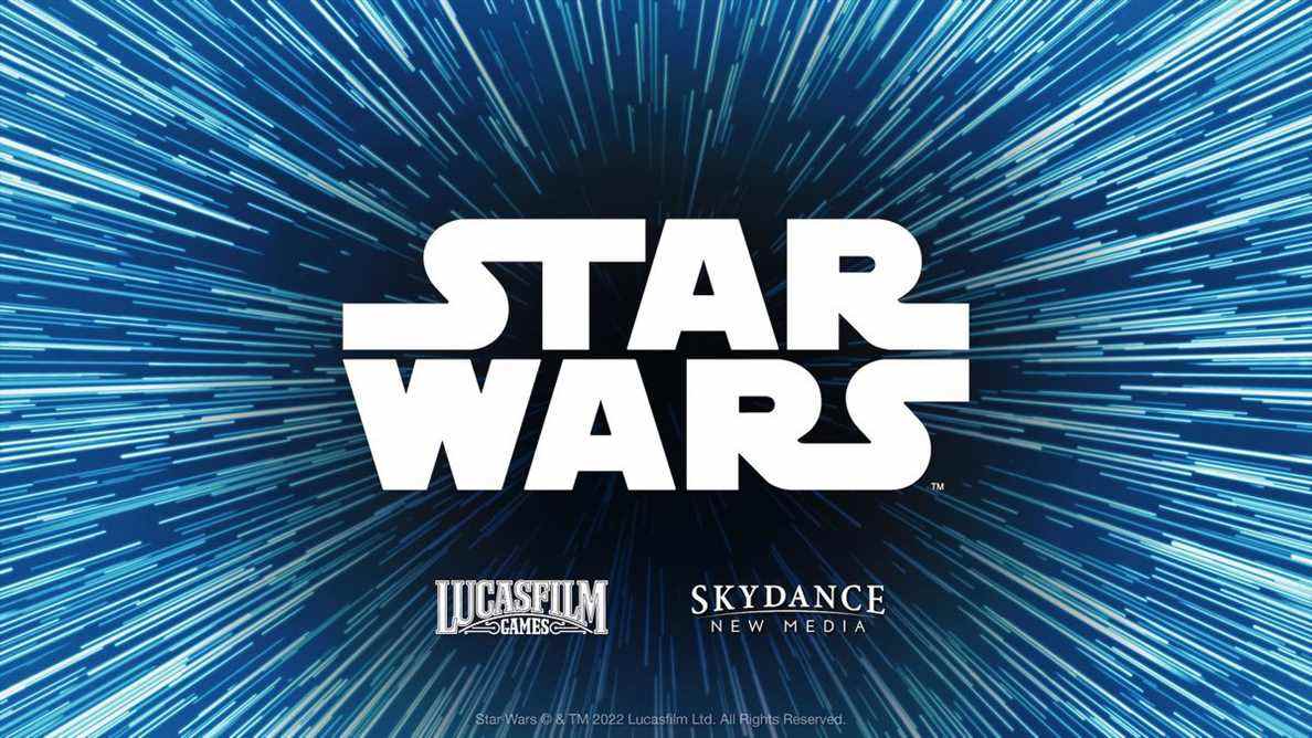 Le logo Star Wars sur un fond d'hyperespace avec des logos pour Lucasfilm Games et Skydance New Media