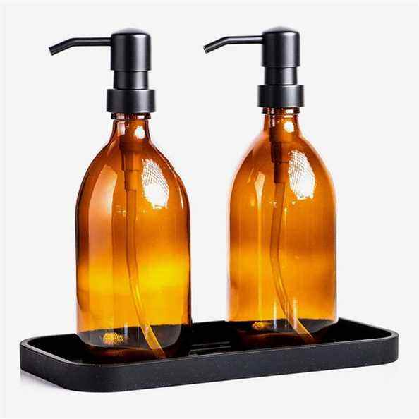 Safe Housekeeping Pompes à savon en verre ambré avec plateau en silicone noir