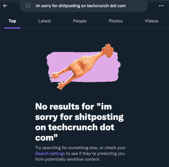 une recherche sur Twitter sans résultat, montrant l'image du poulet en caoutchouc