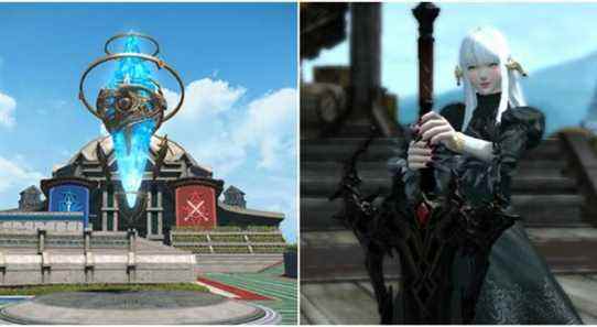 the image on the left is an arena for crystalline conflict, it shows the crystal that has to be moved to the goal, the picture on the right shows a player holding a sword in final fantasy 14