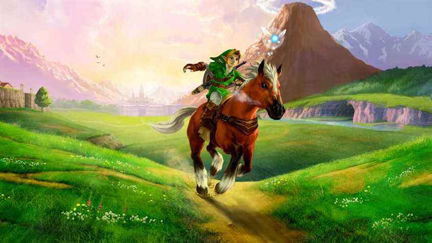 Link chevauchant son cheval à travers un champ verdoyant dans Zelda: Ocarina of time