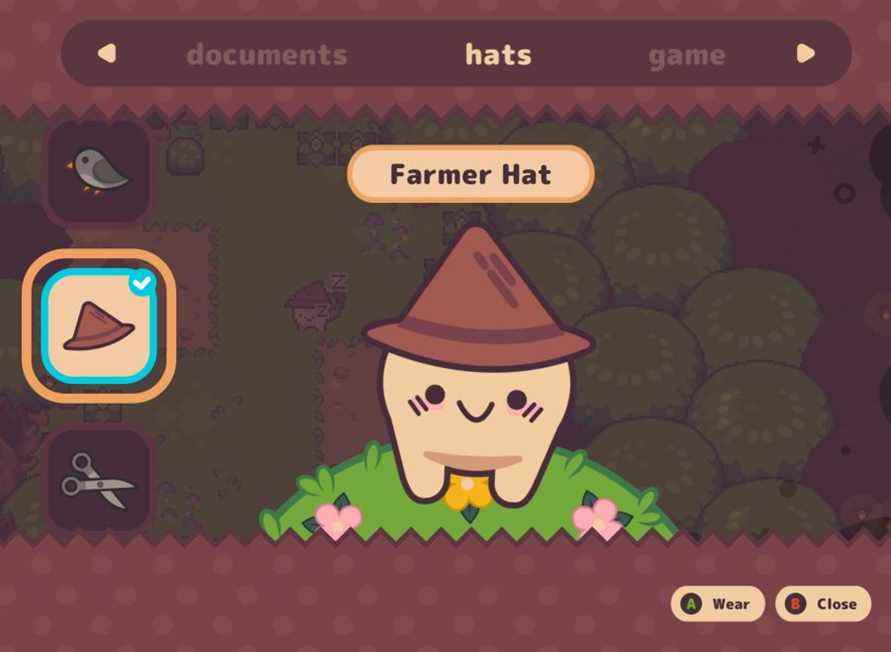 Farmer Hat dans Turnip Boy commet une évasion fiscale