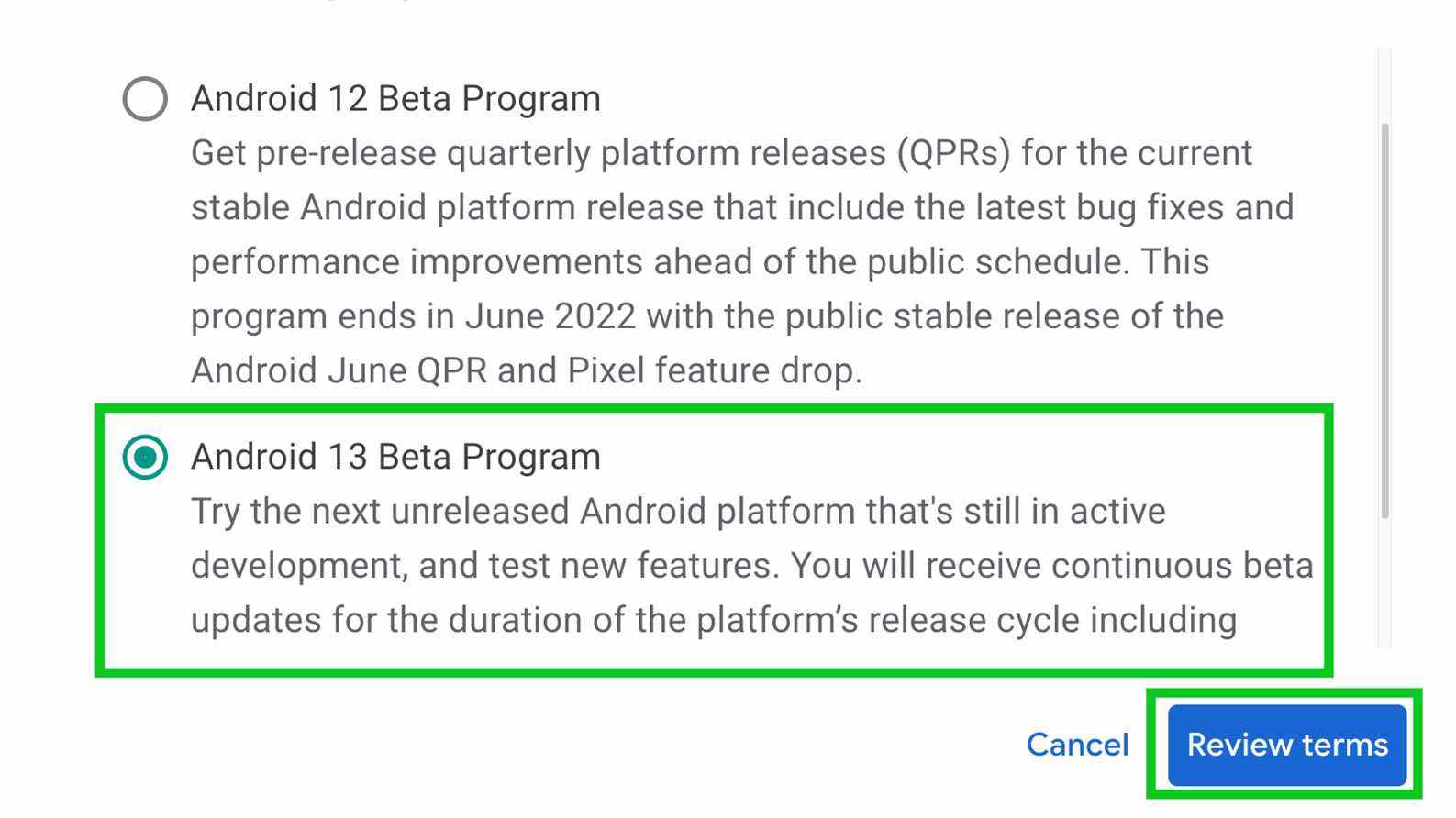 android 13 beta 1 comment installer la page de sélection de programme