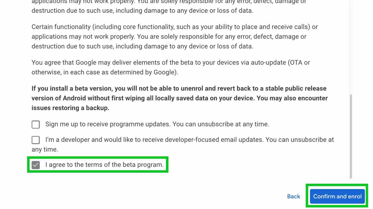 android 13 beta 1 comment installer la page des termes