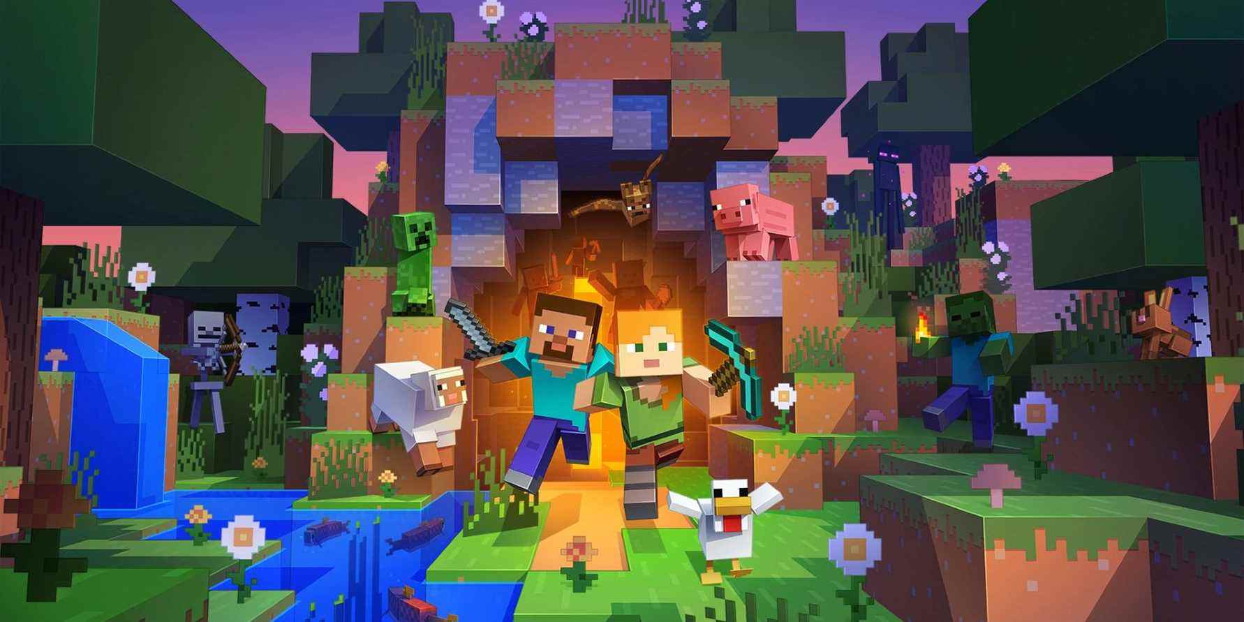 Image de Minecraft montrant un certain nombre de personnages sortant d'une grotte ouverte.