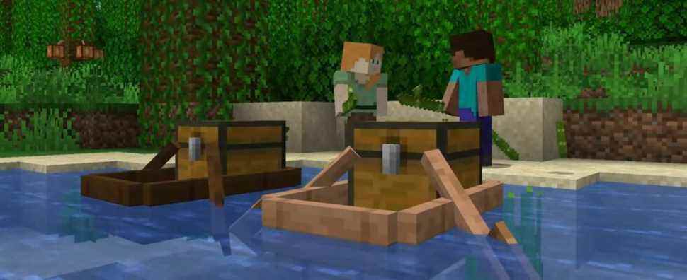 Screenshot of boats with chests in Minecraft's 1.19 Wild Update with Steve and Alex in background