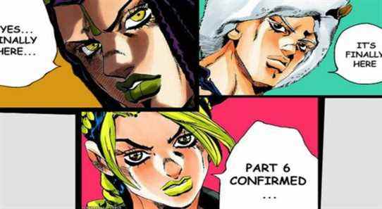 Ermes Costello Weather Report and Jolyne Cujoh confirming Part 6 in separate panels