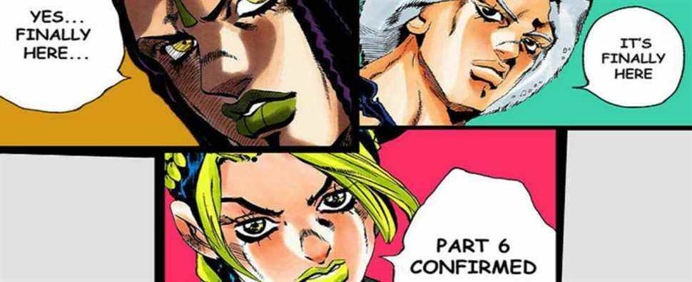 Ermes Costello Weather Report and Jolyne Cujoh confirming Part 6 in separate panels