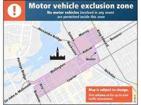 Le Service de police d'Ottawa a publié mardi cette carte de la «zone d'exclusion des véhicules à moteur» avant le rassemblement prévu Rolling Thunder Ottawa.