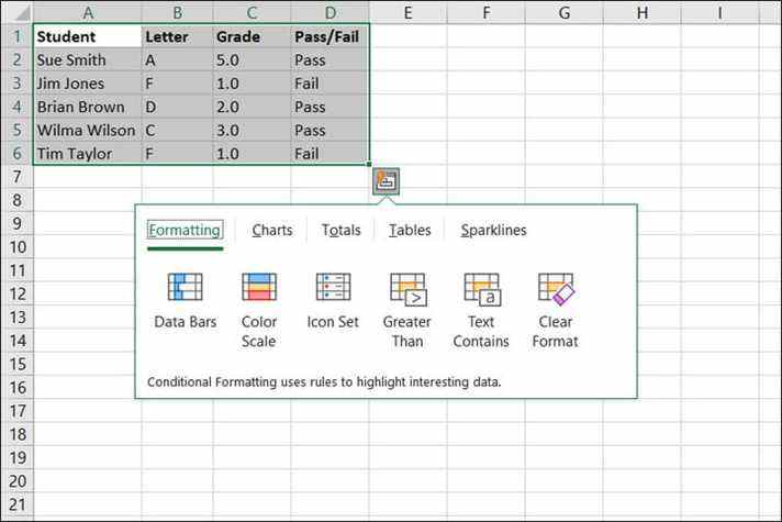 Actions d'analyse rapide dans Excel.