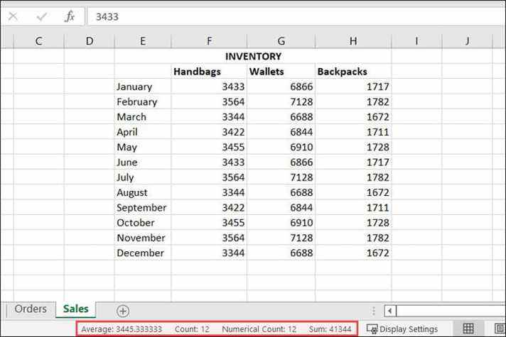 Valeurs calculées dans la barre d'état Excel.