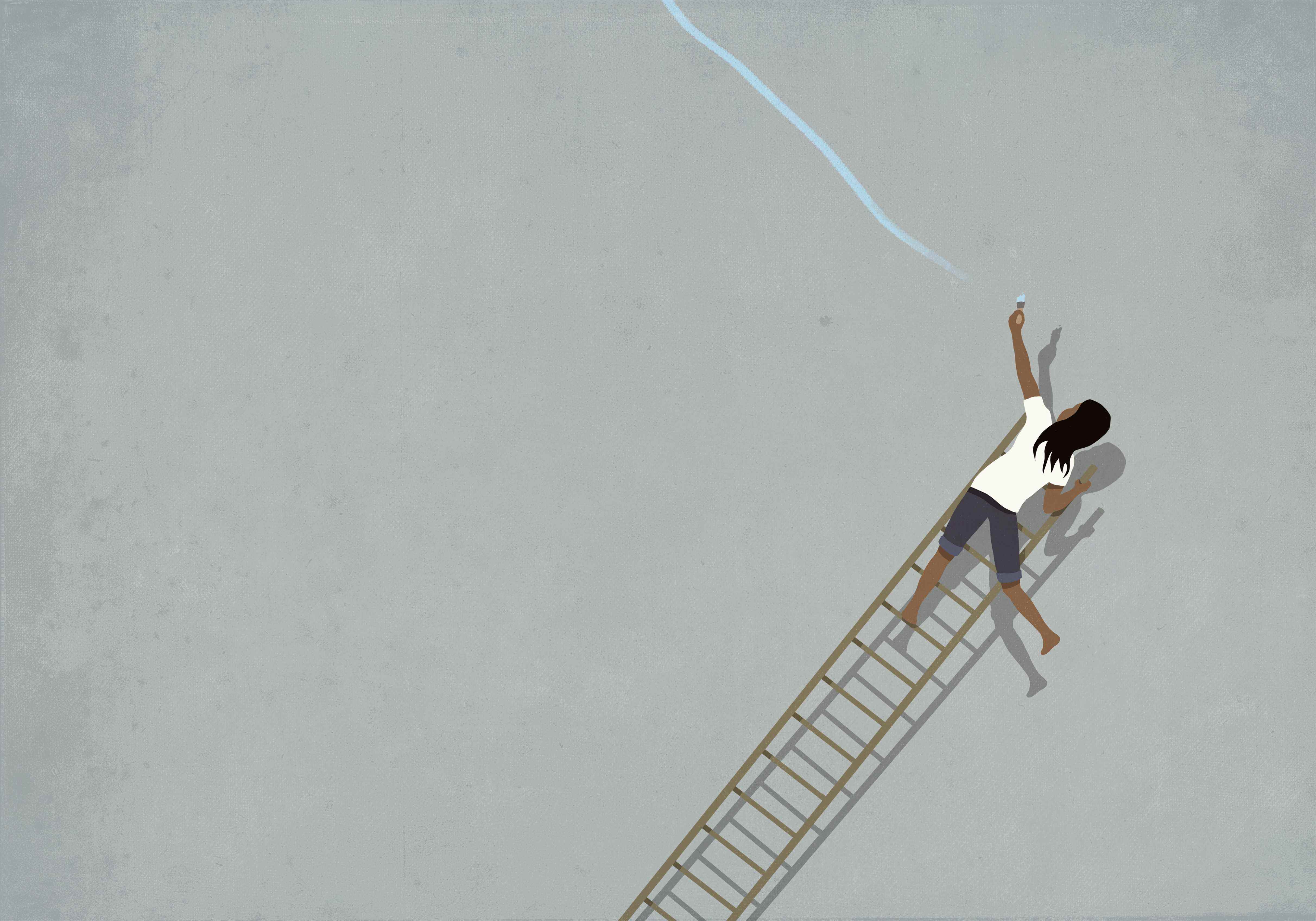 Illustration d'une personne essayant de peindre une ligne bleue sur une échelle qui tombe.