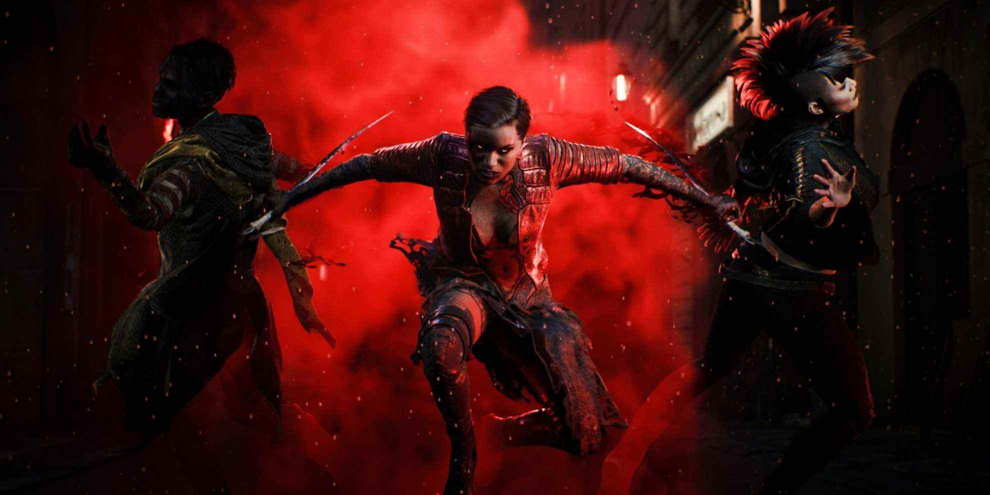 Trois Vampires émergent du brouillard rouge dans Vampire: The Masquerade - Bloodhunt
