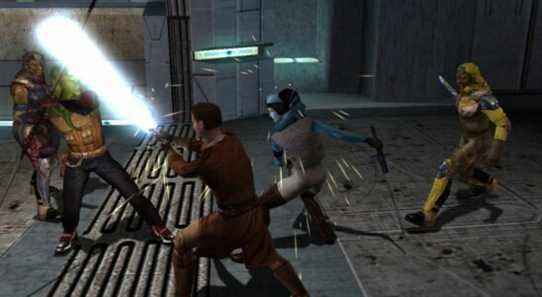 Party fighting enemies with lightsaber and melee weapons