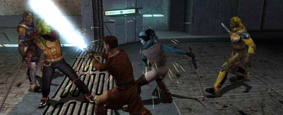 Party fighting enemies with lightsaber and melee weapons