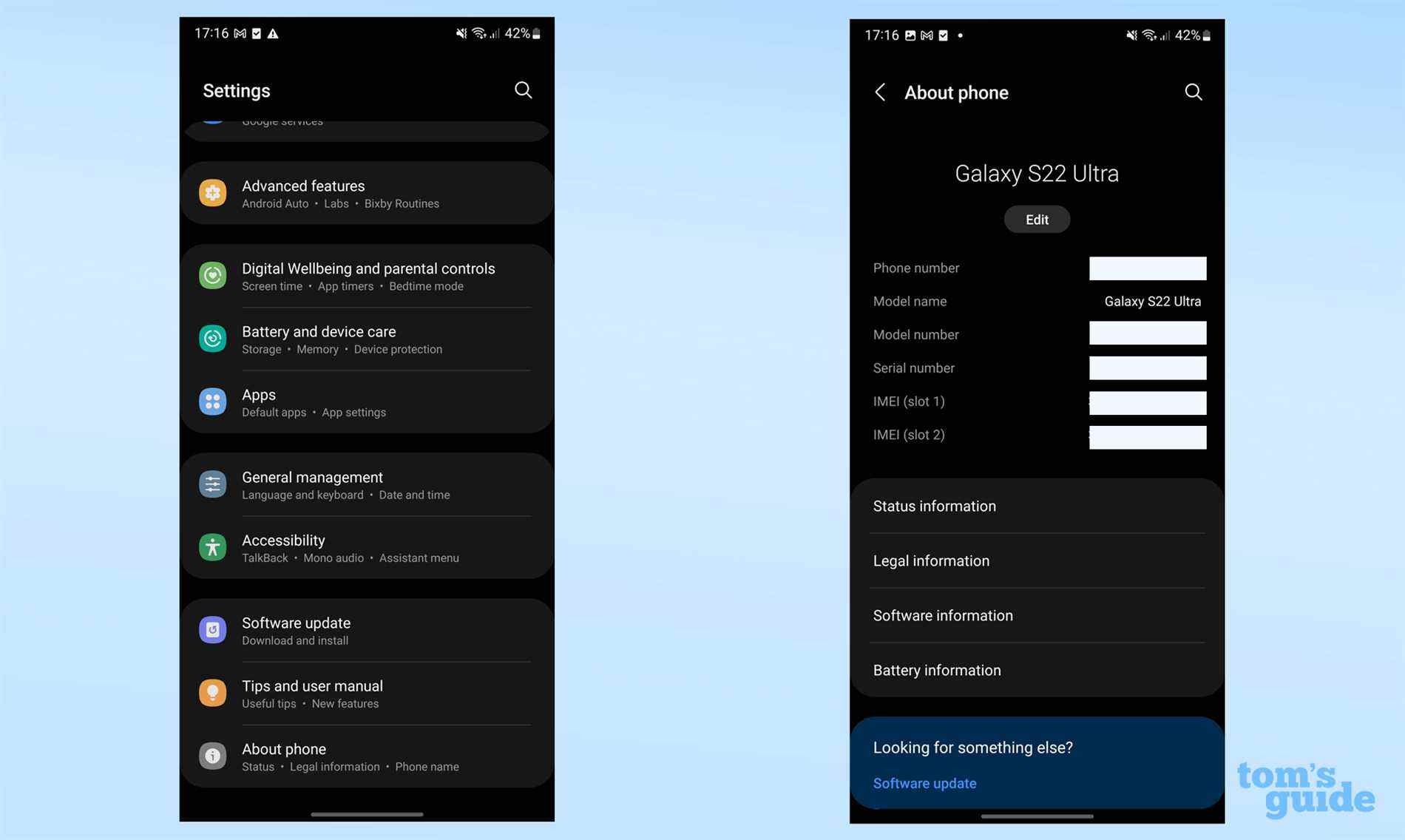 Captures d'écran d'un Samsung Galaxy S22 Ultra, montrant où trouver le numéro IMEI dans l'application Paramètres