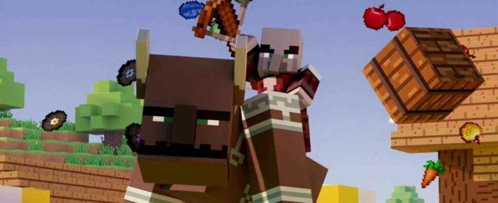 A Minecraft illager riding a Ravager in art for Minecraft's Village and Pillage update