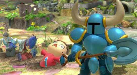 Super Smash Bros. Ultimate's Shovel Knight Assist Trophy with a buried Villager, Falco, and Wii Fit Trainer