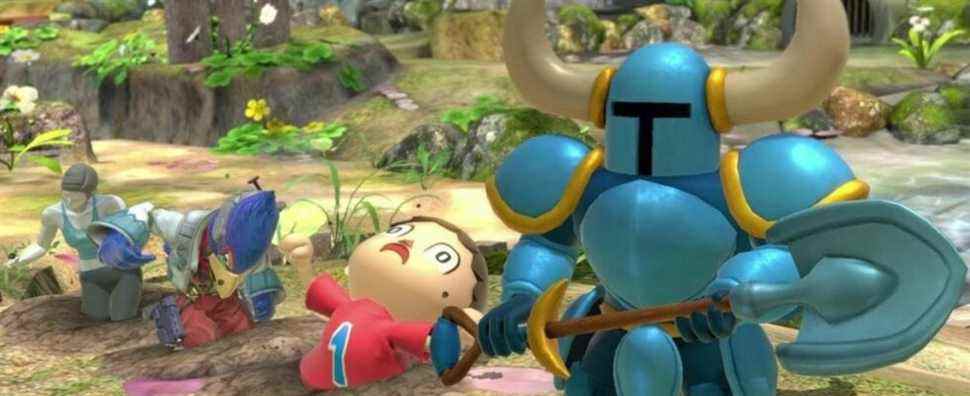 Super Smash Bros. Ultimate's Shovel Knight Assist Trophy with a buried Villager, Falco, and Wii Fit Trainer