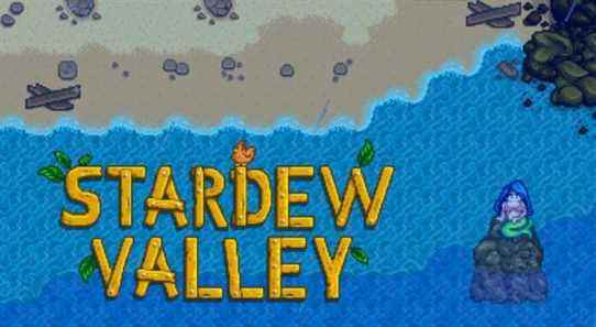 stardew valley logo beside mermaid on rock in pirate cove