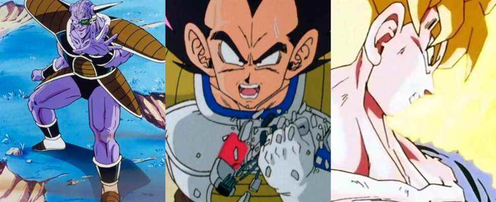 Dragon Ball Highest Manga Power Levels Captain Ginyu Vegeta with Scouter Super Saiyan Goku Split Featured