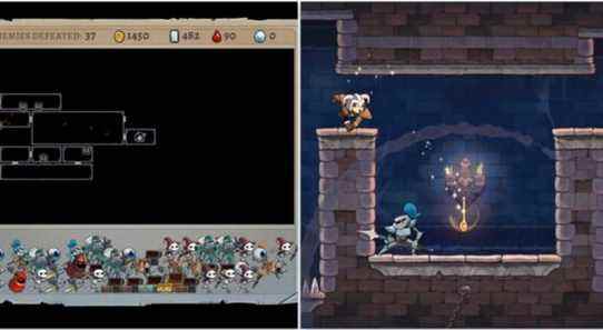 The death screen and fighting enemies in Rogue Legacy 2