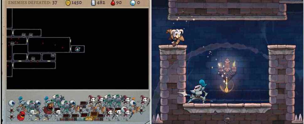 The death screen and fighting enemies in Rogue Legacy 2
