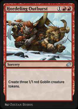 L'explosion de hordeling crée trois jetons de créature 1/1 rouge Gobelin utilisant du mana rouge pour la lancer comme un rituel.