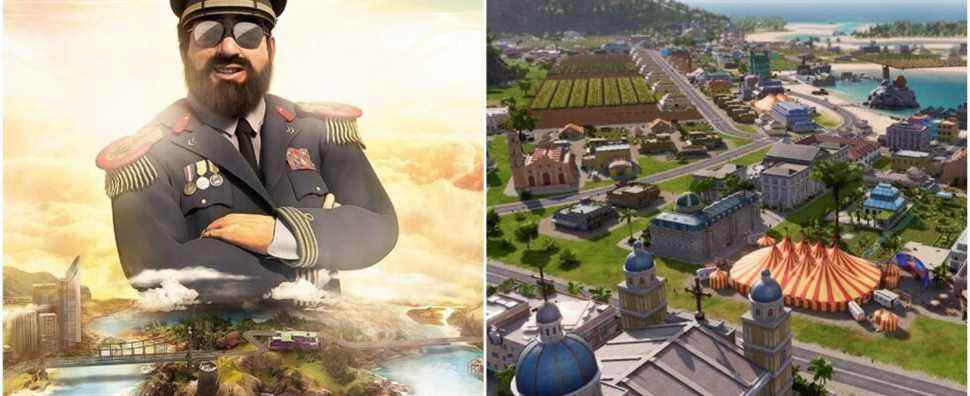 (Left) cover art for Tropico 6 (Right) island packed with buildings
