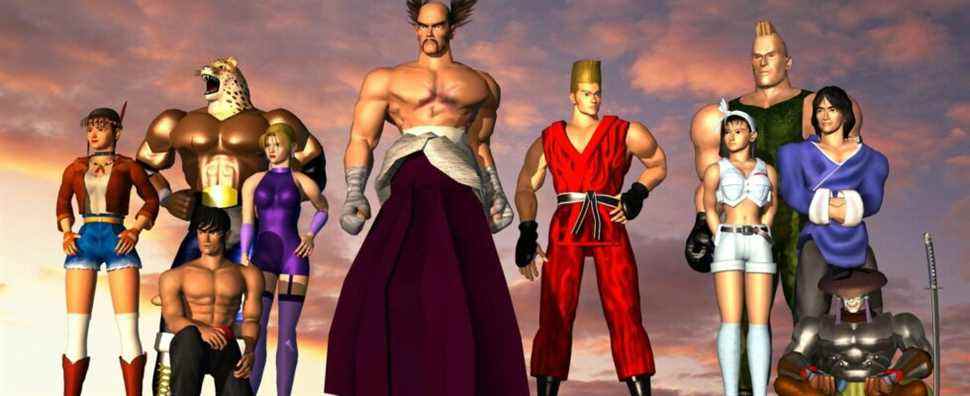 tekken 2 characters lining up in front of a cloudy sky