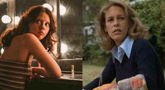 Split image of Maxine (Mia Goth) in X and Laurie (Jamie Lee Curtis) in Halloween (1978)