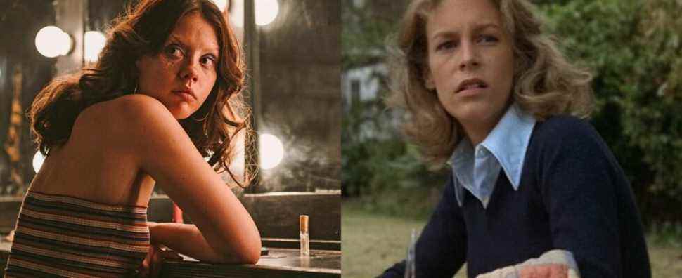 Split image of Maxine (Mia Goth) in X and Laurie (Jamie Lee Curtis) in Halloween (1978)