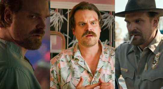Hopper in medical scrubs in season 2; Hopper in a tropical shirt in season 3; Hopper in his chief uniform smoking a cigarette in season 1