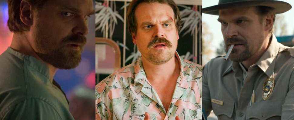 Hopper in medical scrubs in season 2; Hopper in a tropical shirt in season 3; Hopper in his chief uniform smoking a cigarette in season 1