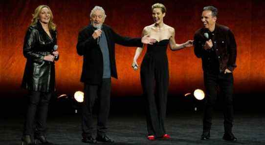 From left, Kim Cattrall, Robert De Niro, Leslie Bibb and Sebastian Maniscalco, cast members in "About My Father," discuss the film during the Lionsgate presentation at CinemaCon 2022 at Caesars Palace, Thursday, April 28, 2022, in Las Vegas. Maniscalco also co-wrote the film. (AP Photo/Chris Pizzello)